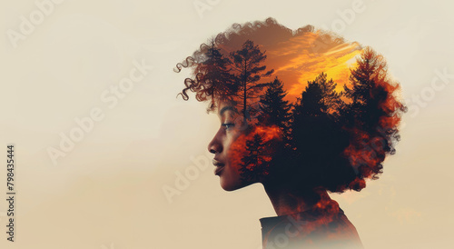 A double exposure portrait of a woman blending with a sunset forest scene, set against a faded background, portraying a nature-humanity concept. Generative AI