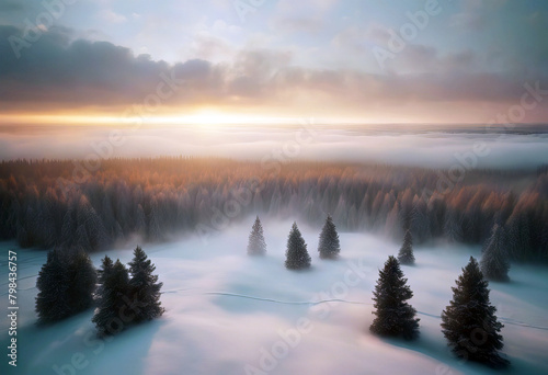 'Warm snowy sunrise covered Pine Drone fog view countryside forest waves landscape aerial Sky Nature Winter Landscape Snow Forest White Sunrise Sustainability Day River Drone Sunlight Season'