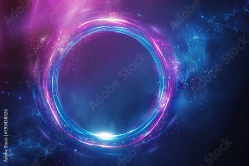 Colorful ring with luminous swirling spirals. Abstract blue neon ring. Light effect. The whirlwind of shiny particles. Flashes of light on the emerald-lilac circle. Empty space for text.