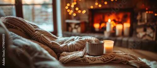 A cozy scene with a close-up of a cup of freshly brewed coffee resting on a comfortable couch, near a warm fireplace