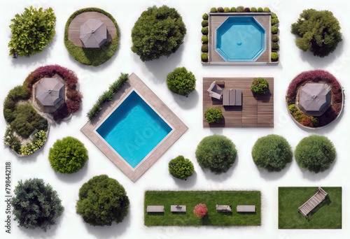 'Set lake isolated swimming table set tree Landscaping viewHouse pools Landscape white symbols bench garden top elements View House Top Eye Garden Above Map Element Vector Icon Plan Tree Aerial Pool'