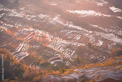 Abstract shot of Bada rice terraces filled with water, Yuanyang, Yunnan, China