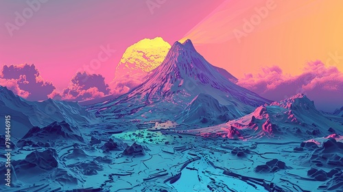 An illustration of a calm, pastel-colored landscape with a single line denoting a volcanic burst
