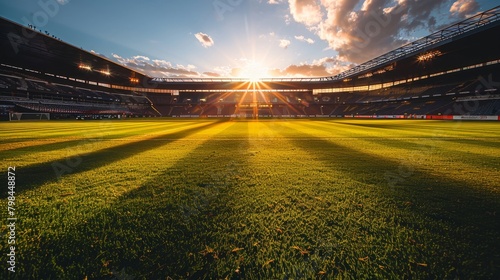 The photo shows a soccer field with the sun rising above the stadium.
