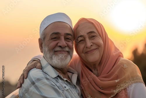 Senior Middle eastern couple taking care each other portrait outdoors smiling.