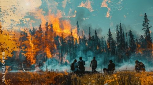 Composite image of forest fire with wildlife fleeing in the background