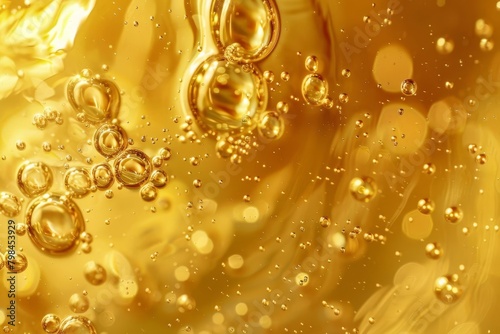 sizzling air bubbles in golden cooking oil abstract food background dynamic liquid texture photo