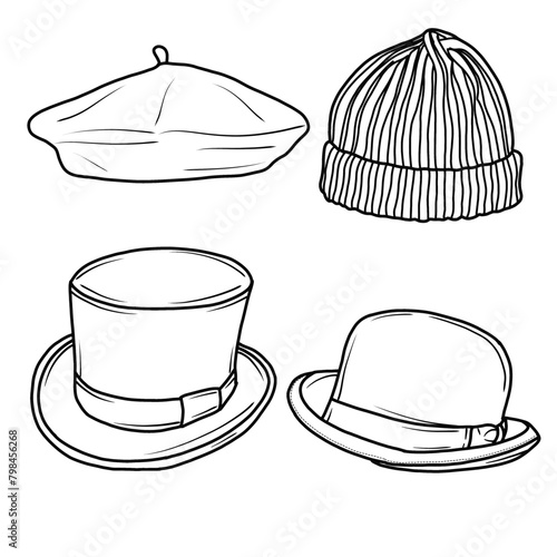 Vector various models of Hats doodle illustration hand drawn sketch line art, Containing Beret, Beanie, Bowler hat, Top hat isolated on white background, For kids coloring book.