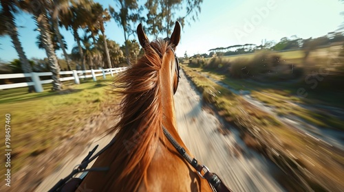 A horse is seen walking down a road. The horse appears to be moving steadily with a purposeful stride, showcasing its strength and grace as it traverses the path ahead.