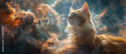 A beautiful and unique piece of art. A cat looking out into space with a colorful nebula in the background.