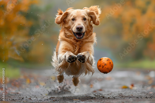 A golden retriever dog jumping happily in the air catching a ball