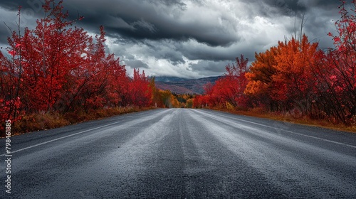 A long road is surrounded by trees with red leaves. The sky is dark and cloudy.