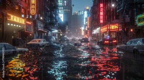 Dramatic city flood: streets turned into rivers, cars submerged, neon lights reflecting on water surface. Powerful depiction of sudden disaster.