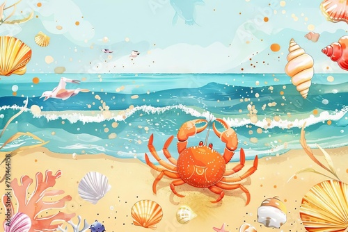 whimsical seascape with sand crab octopus and colorful seashells on beach concept illustration