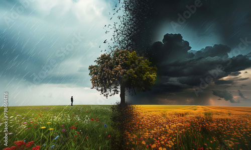 Lone tree amidst colorful flowers under a rainy and cloudy sky, split nature of contrast weather changing landscape