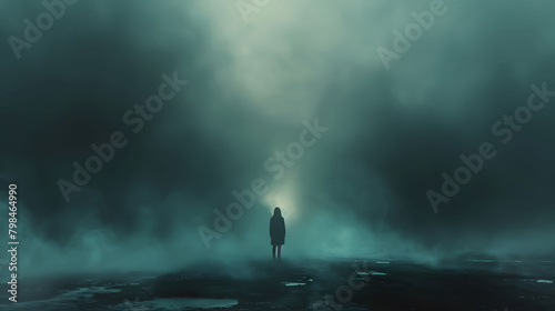 A melancholic silhouette of a solitary figure standing amid a vast, misty landscape, evoking a sense of loneliness and contemplation through the use of moody, desaturated tones and atmospheric lightin