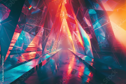 Craft an otherworldly landscape featuring holographic projections in a dynamic, tilted angle view Infuse abstract geometric shapes with neon hues to create a striking digital artwork Implement unexpec