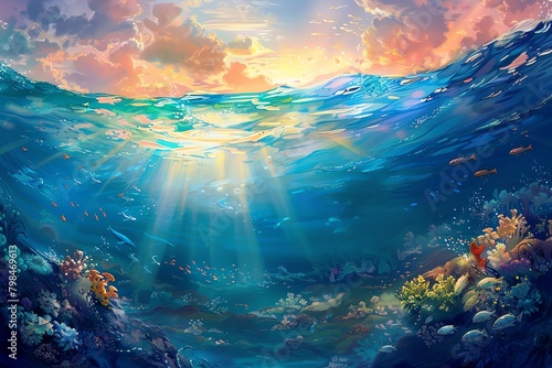 Illustrate the serene beauty of a tranquil seascape as seen from beneath the waves, depicting marine life and sun-kissed waters in a surreal, dreamlike manner