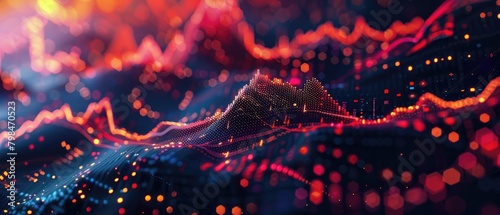 A 3D rendering of a mountain range with glowing red and orange peaks and a dark blue background.