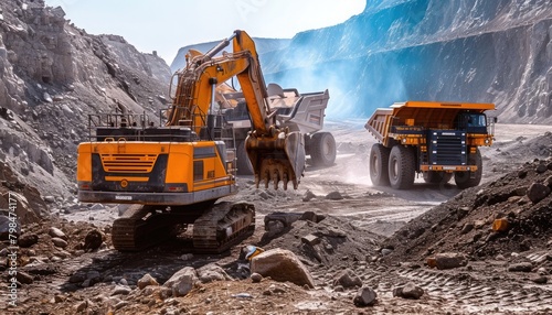 Heavy machinery used in the mining industry. ⛏️🚜 Massive excavators, trucks, and loaders work together in a bustling industrial setting. Ideal for showcasing the scale and power of mining operations.