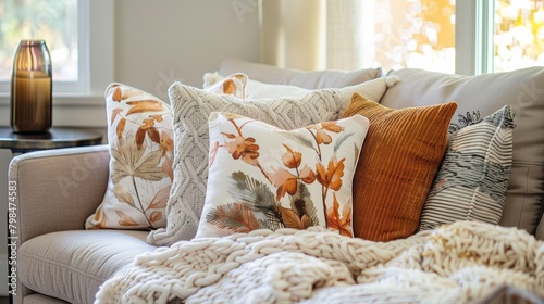 A cozy nook decorated with autumnalthemed throw pillows featuring prints and patterns inspired by the changing leaf colors..