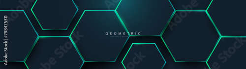 Abstract blue hexagon with green neon lines background. Futuristic digital hi-technology horizontal banner. Vector