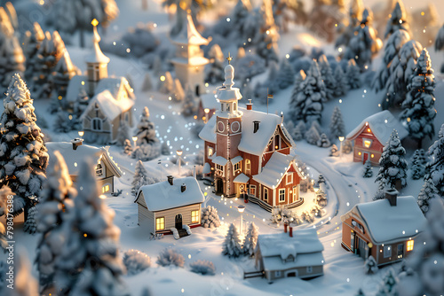 Christmas village with snow in vintage style, winter landscape, Christmas holidays, 3D illustration