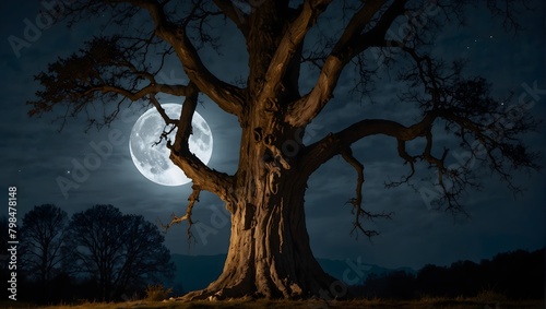 An ancient tree with a hollow, dark opening, its bark resembling the face of a ghost, under a full moon ai_generated