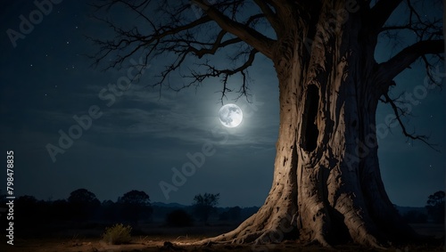 An ancient tree with a hollow, dark opening, its bark resembling the face of a ghost, under a full moon ai_generated