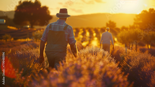Farmers work in lavender fields in Provence, the sweet smell of blooming flowers wafts in the air, the setting sun creates a dazzling golden color in the sky. Ai generated Images