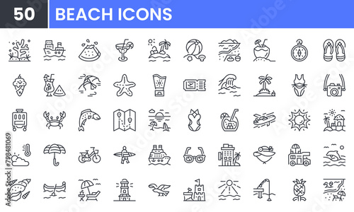 Beach and summer vector line icon set. Contain linear outline icons like holiday, sea, island, wave, ocean, cocktail, bikini, travel, sunglasses, sun, leisure, sand, dolphin. Editable use and stroke.
