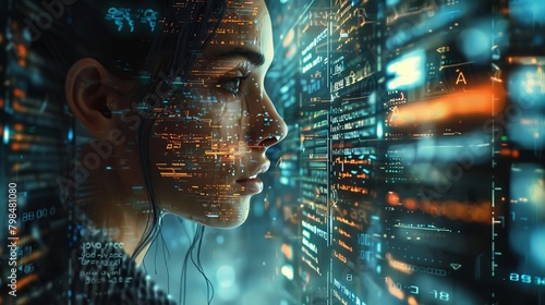 Close-up of a philosopher contemplating artificial intelligence ethics, set against a backdrop of books and digital screens, meticulously detailed