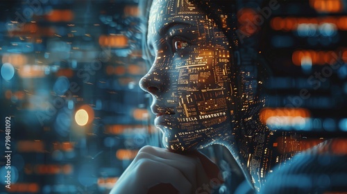 Close-up of a philosopher contemplating artificial intelligence ethics, set against a backdrop of books and digital screens, meticulously detailed