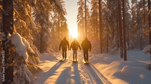 Group of skiers with snowboards walking on mountains with white snow and blue sky under warm sunlight.AI generated image