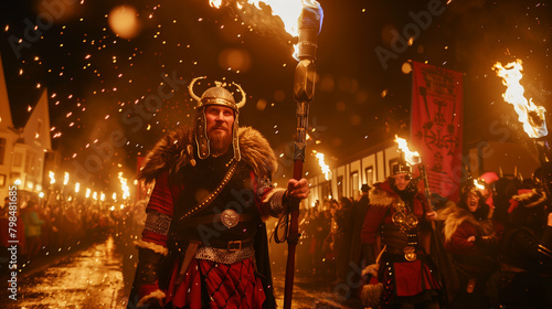 Shetland's Up Helly Aa Festival, where a parade of modern Vikings fill the city streets with colorful costumes and flaming torches, Ai Generated Images