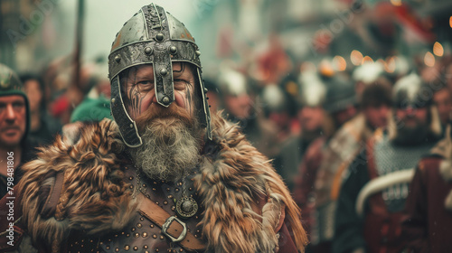A large man in a Viking costume at the Up Helly Aa festival, standing proudly in the middle of the crowd, Ai generated Images