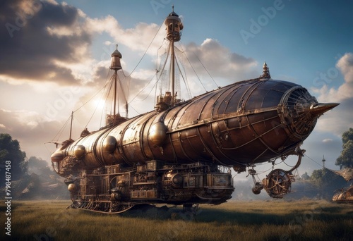 'airship steampunk cg d three-dimensional adventure air airscrew art background computer graphic cosmos rigible fantasy forward illustration journey light moon nebula'