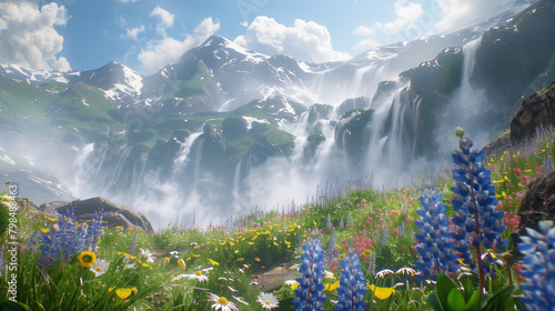 A misty mountain landscape with waterfalls cascading down slopes adorned with fresh spring wildflowers, Generative AI