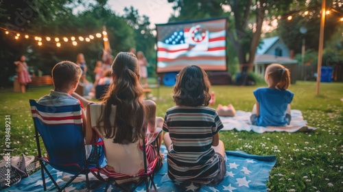 People hosting a backyard movie night featuring patriotic films on Memorial Day. 