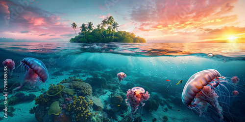 Tropical Island with coconut palm trees and jelly fishes under water at sunset, summer holiday theme, world oceans day theme.