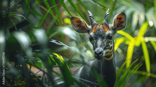 Close-up of a rare Okapi in a dense rainforest setting, highlighting the unique features of this lesser-known exotic mammal