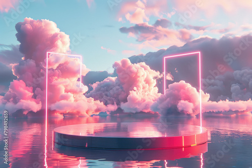 pink clouds in the sky In the style of hyper-realistic sci-fi fantasy, aquamarine, meticulously crafted scenes Minimal circular pedestal with prominent square neon accent lighting behind it. 