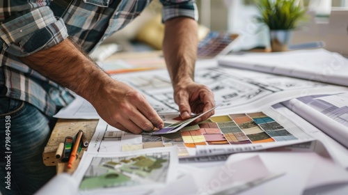 An interior decorator using color swatches to match designs on home blueprints. 