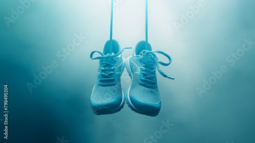 Pair of blue running shoes hanging by their laces against a foggy blue background, suggesting motion or absence.