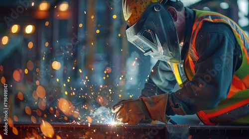 Welder in Action with Bright Sparks and Protective Gear 