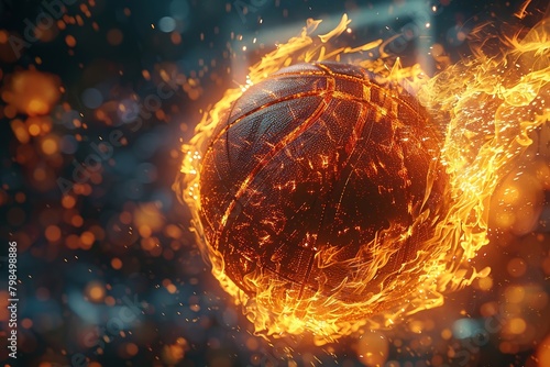 A basketball ball is ablaze with flames in the stadium generated by artificial intelligence.