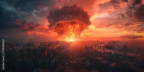 Cinematic view of a post-apocalyptic city and nuclear bomb explosion.
