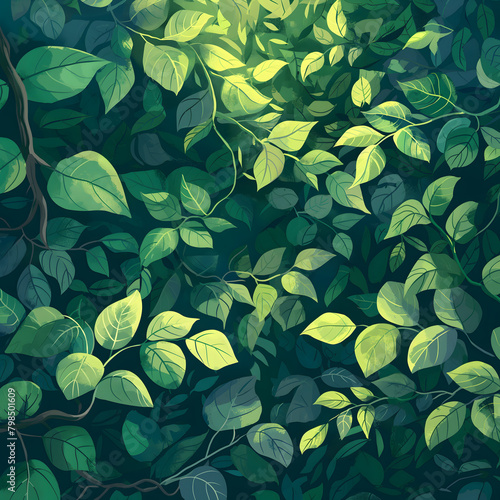 Lush Green Foliage Pattern of Dense Jungle Leaves