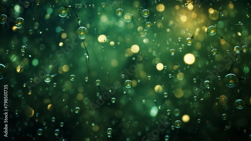 Delicate dewdrops suspended on fine spider webs, illuminated by golden bokeh lights in a mystical green backdrop.