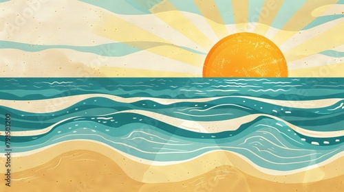 Vintage style illustration of a serene beach sunset with waves and sunbeams